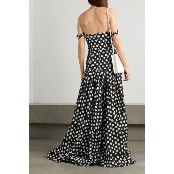 Studio 189 Off-the-shoulder Pleated Polkadot Cotton Gown - S - Black - Picture 3 of 6